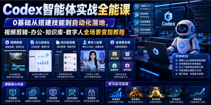 bbfda2ec5b67b38aac2dd469fbcd167d.jpeg Codex智能体实战全能课|0基础从搭建技能到自动化落地,视频剪辑-办公-知识库-数字人全场景变现教程