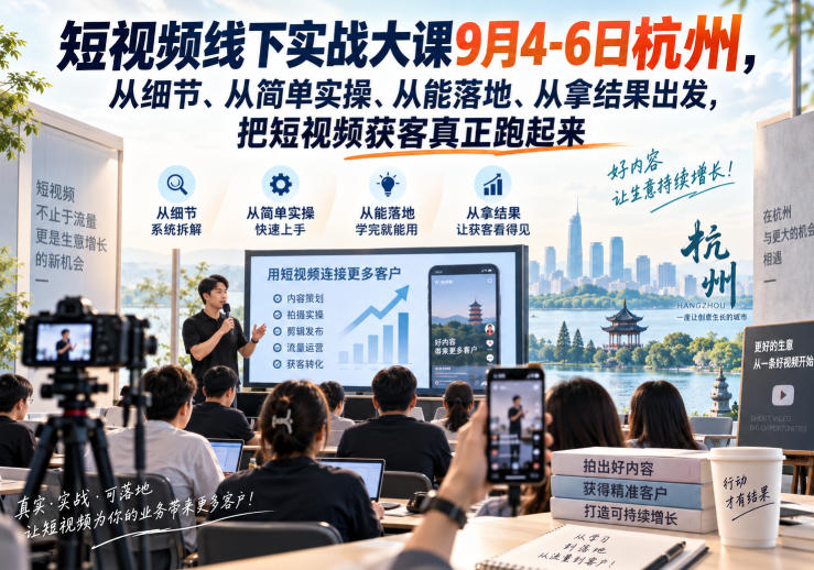 短视频线下实战大课9月4-6日杭州，从细节、从简单实操、从能落地、从拿结果出发，把短视频获客真正跑起来-鼎铸网