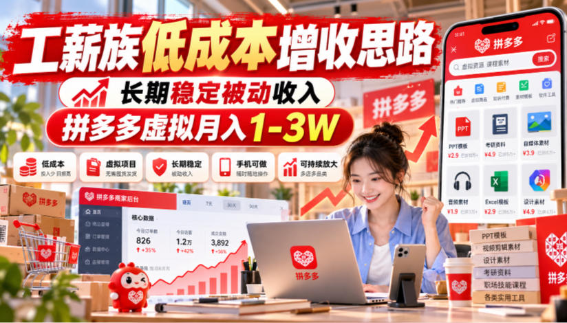 工薪族低成本增收思路,长期稳定被动收入,拼多多虚拟月入1-3W-鼎铸网