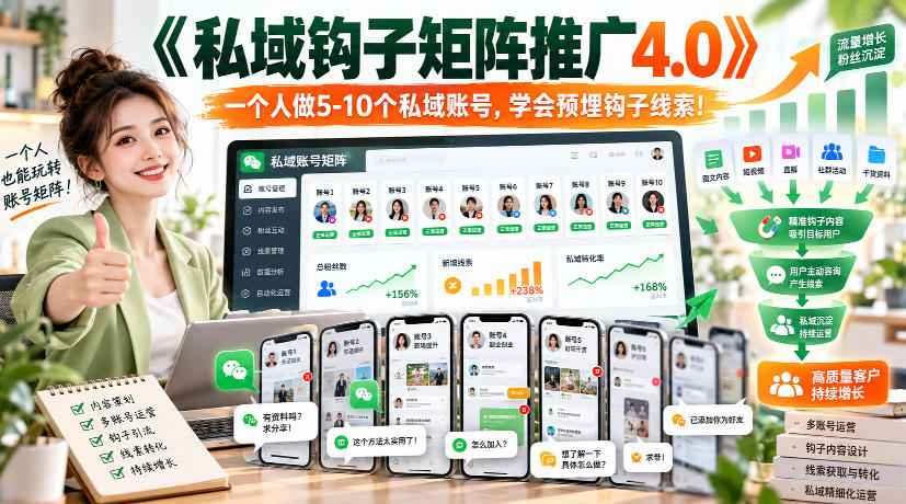 【无水印】《私域钩子矩阵推广4.0》一个人做5-10个私域账号,学会预埋钩子线索!-鼎铸网
