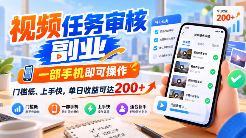 视频任务审核副业，一部手机即可操作，门槛低、上手快，单日收益可达200+【揭秘】-鼎铸网