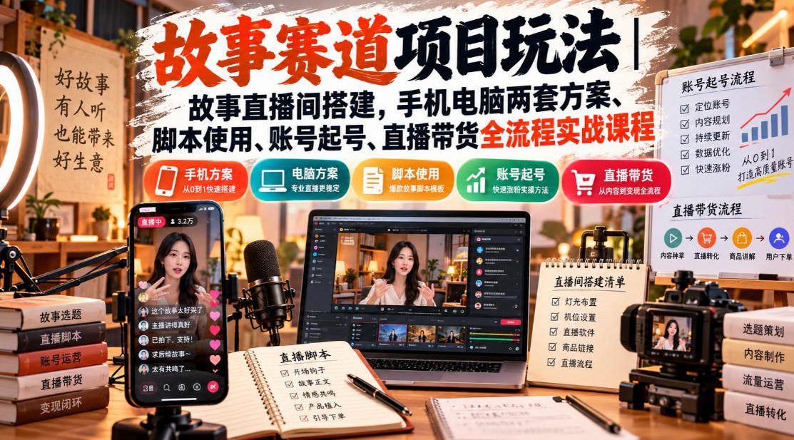 故事赛道项目玩法｜故事直播间搭建，手机电脑两套方案、脚本使用、账号起号、直播带货全流程实战课程-鼎铸网