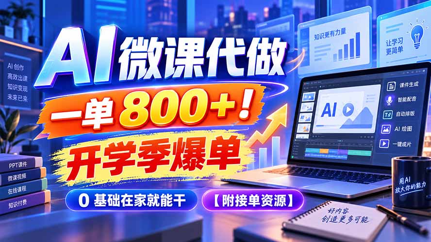 AI 微课代做，一单 800+！开学季爆单，0 基础在家就能干【附接单资源】-鼎铸网