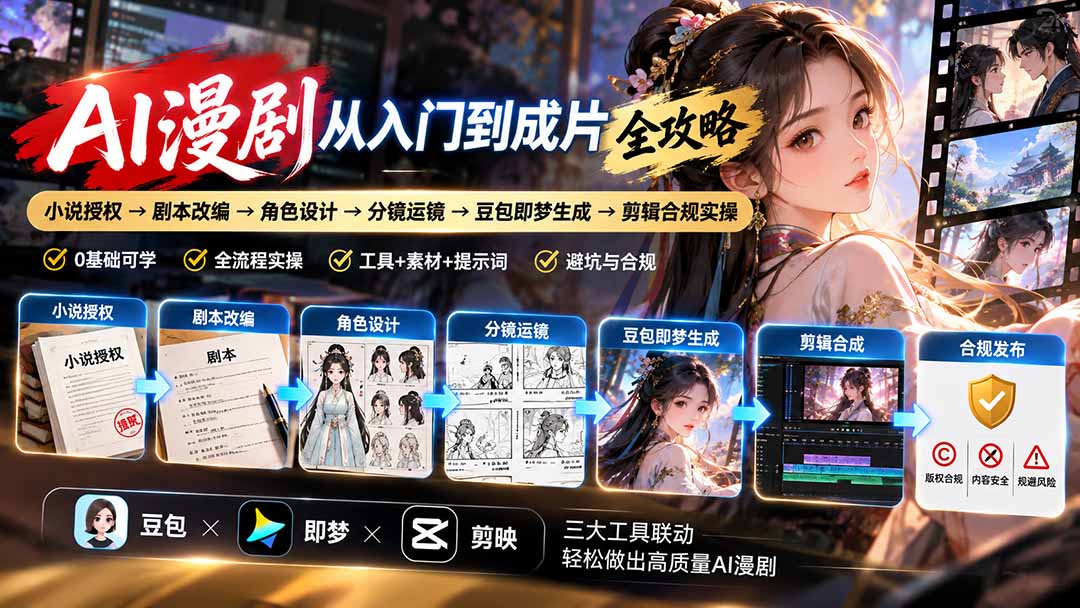 AI漫剧从入门到成片全攻略：小说授权→剧本改编→角色设计→分镜运镜→豆包即梦生成→剪辑合规实操-鼎铸网