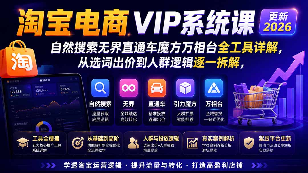 be3ec3c349287665a2abb9ca1fa2df71.jpeg 淘宝电商VIP系统课-更新8月;自然搜索无界直通车魔方万相台全工具详解,从选词出价到人群逻辑逐一拆解