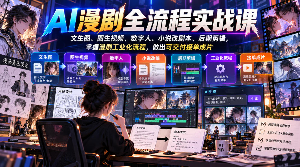 bed4f282250ae27ee47e3a96fdfad0b7.jpeg AI漫剧全流程实战课,文生图、图生视频、数字人、小说改剧本、后期剪辑,掌握漫剧工业化流程,做出可交付接单成片