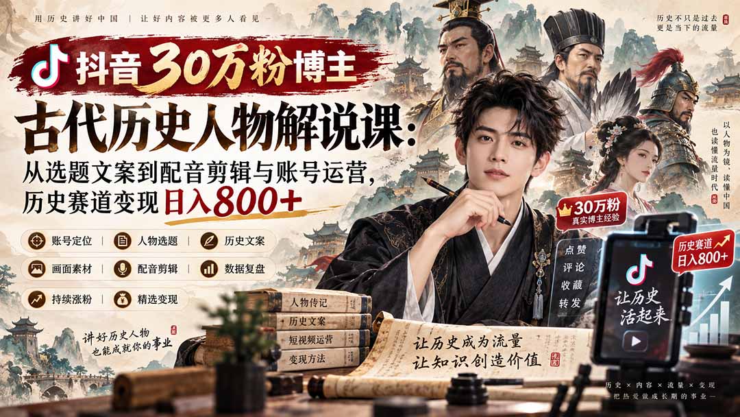 抖音30万粉博主古代历史人物解说课：从选题文案到配音剪辑与账号运营，历史赛道变现日入800+-鼎铸网