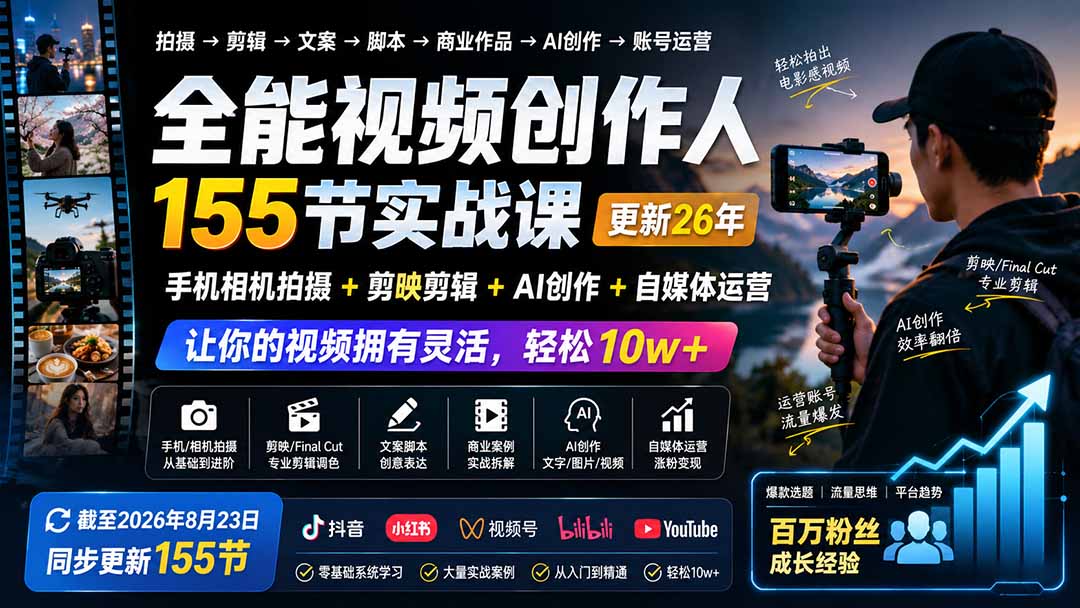 全能视频创作人155节实战课-更新26年8月：手机相机拍摄+剪映剪辑+AI创作+自媒体运营，让你的视频拥有灵活，轻松10w-鼎铸网