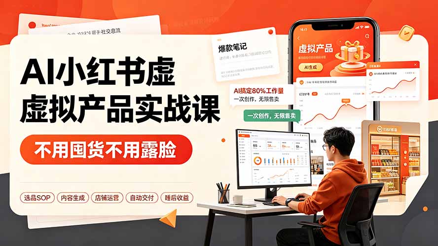 AI小红书虚拟产品实战课-更新：不用囤货不用露脸，AI搞定80%工作量，一次创作无限售卖睡后收益-鼎铸网
