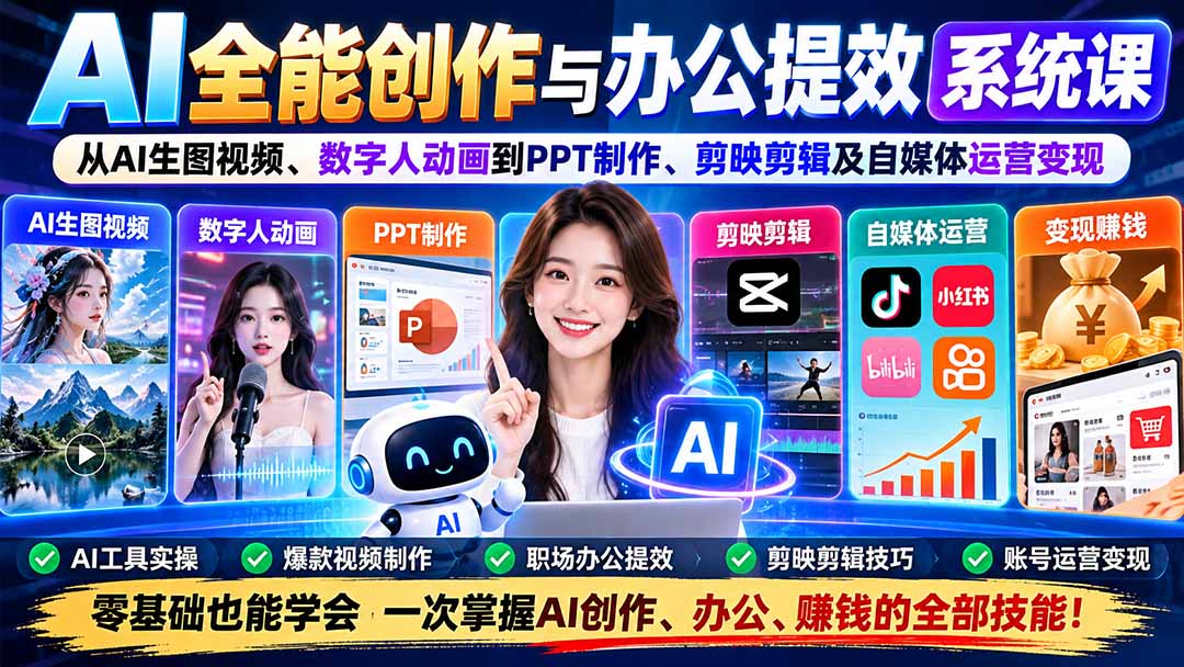 AI全能创作与办公提效系统课：从AI生图视频、数字人动画到PPT制作、剪映剪辑及自媒体运营变现-鼎铸网