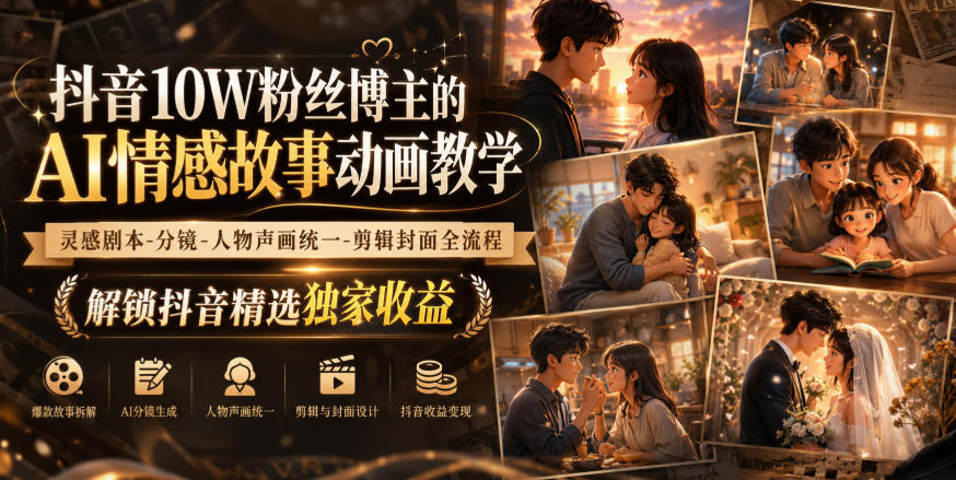 c2669519e0df5b2d2f9ea5af02fb51ba.jpeg 抖音10W粉丝博主的AI情感故事动画教学,灵感剧本‑分镜‑人物声画统一‑剪辑封面全流程,解锁抖音精选独家收益