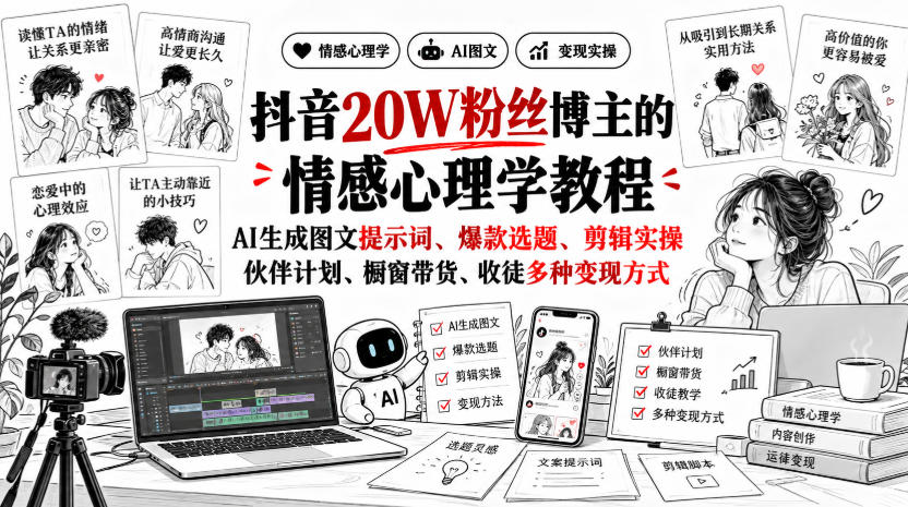 抖音20W粉丝博主静候心声的情感心理学教程，AI生成图文提示词、爆款选题、剪辑实操，伙伴计划、橱窗带货、收徒多种变现方式-鼎铸网