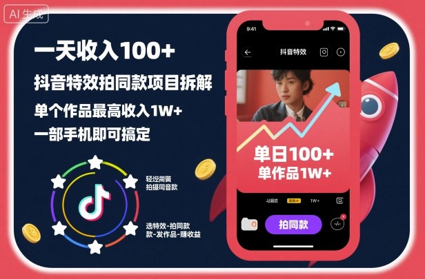 一天收入100+，抖音特效拍同款项目拆解，单个作品最高收入1W+，一部手机即可搞定-鼎铸网