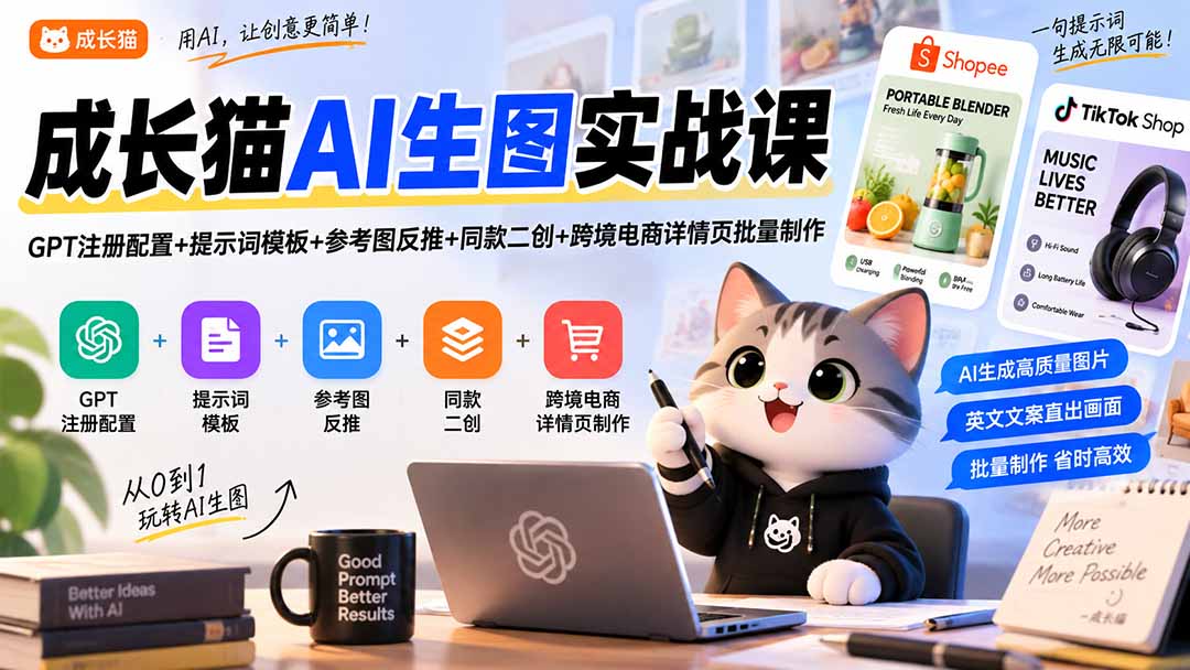 成长猫AI生图实战课｜GPT注册配置+提示词模板+参考图反推+同款二创+跨境电商详情页批量制作-鼎铸网