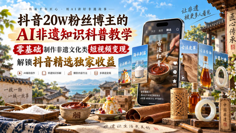 抖音20W粉丝博主的AI非遗知识科普教学,零基础制作非遗文化类短视频变现,解锁抖音精选独家收益-鼎铸网