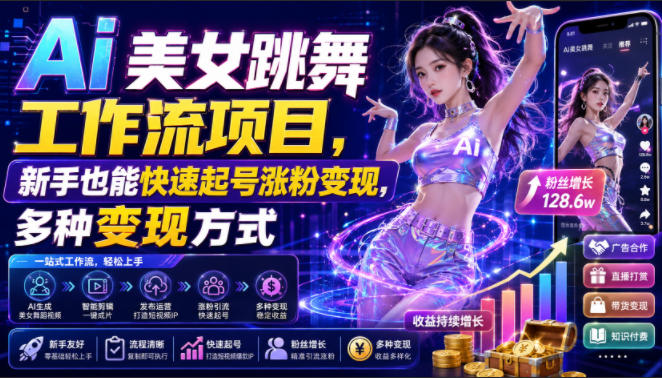 Ai美女跳舞工作流项目，新手也能快速起号涨粉变现，多种变现方式-鼎铸网