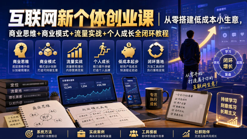 互联网新个体创业课|从零搭建低成本小生意,商业思维+商业模式+流量实战+个人成长全闭环教程(更新0922)-鼎铸网