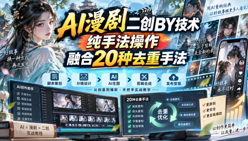 AI漫剧二创搬运技术，纯手法操作，融合20种去重手法-鼎铸网