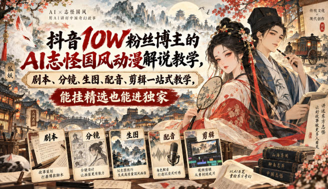 抖音10W粉丝博主满堂诡事的AI志怪国风动漫解说教学，剧本、分镜、生图、配音、剪辑一站式教学，能挂精选也能进独家​-鼎铸网