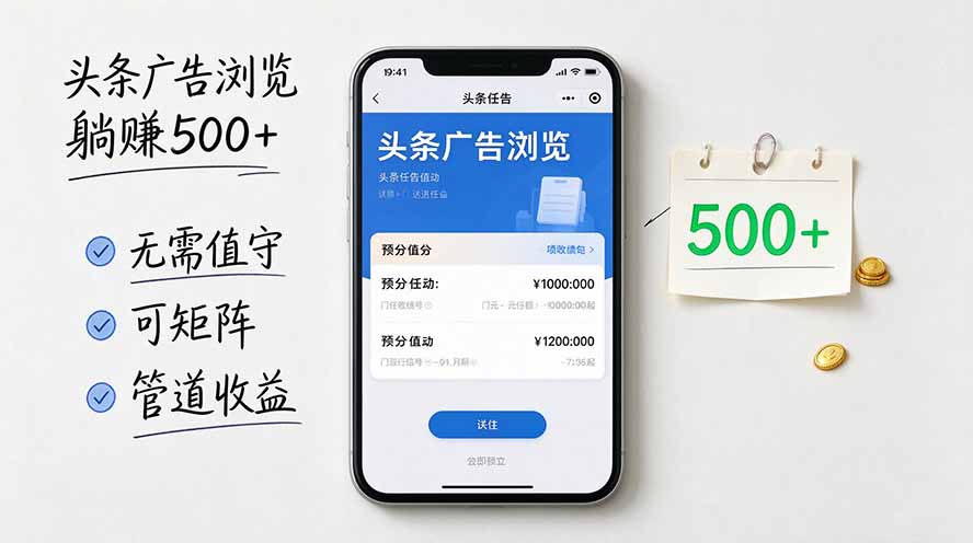 头条广告浏览躺赚500+无需值守,可矩阵并附有管道收益-鼎铸网