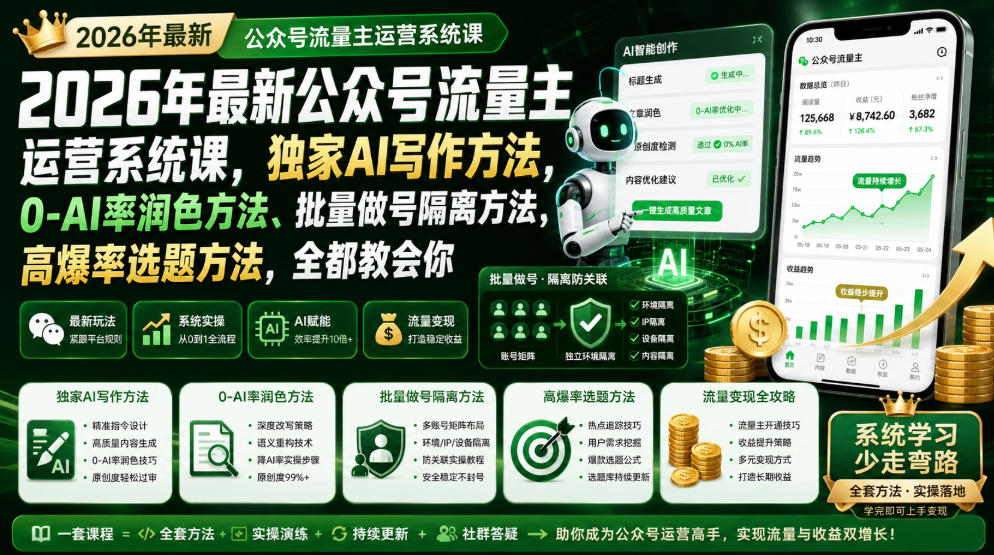 c81092d80725be5ee300a67c14c8d5e4.jpeg 2026年最新公众号流量主运营系统课,独家AI写作方法,0-AI率润色方法、批量做号隔离方法、高爆率选题方法,全都教会你