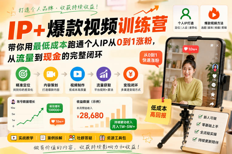 c8d863d8c19f2fd51ec3f84ec1e2013f.jpeg IP+爆款视频训练营,带你用最低成本跑通个人IP从0到1涨粉,从流量到现金的完整闭环