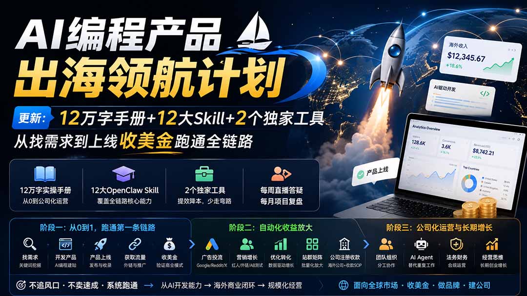 AI编程产品出海领航计划-更新：12万字手册+12大Skill+2个独家工具，从找需求到上线收美金跑通全链路-鼎铸网