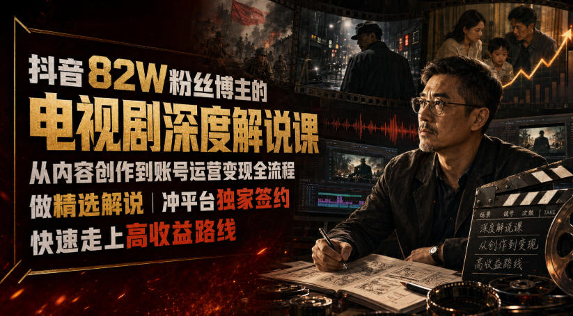 抖音82W粉丝博主的电视剧深度解说课，从内容创作到账号运营变现全流程，做精选解说，冲平台独家签约，快速走上高收益路线-鼎铸网