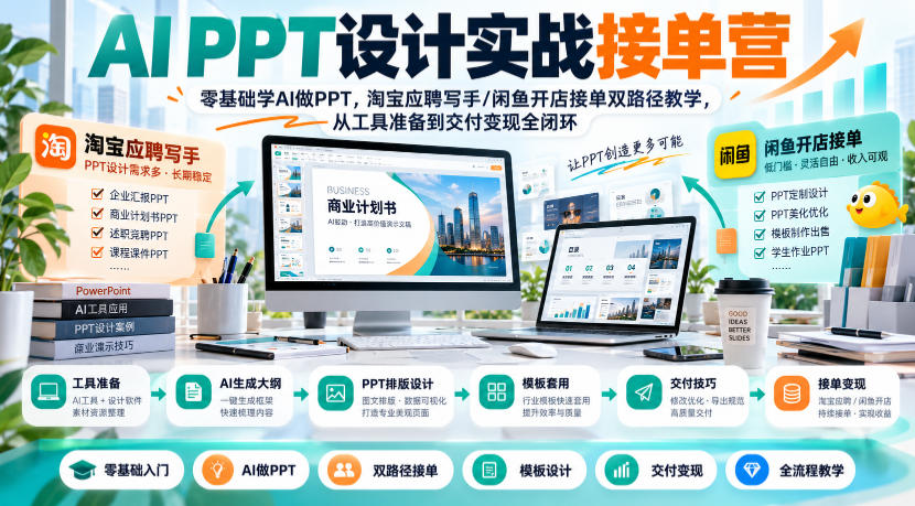 AI PPT设计实战接单营｜零基础学AI做PPT，淘宝应聘写手/闲鱼开店接单双路径教学，从工具准备到交付变现全闭环-鼎铸网