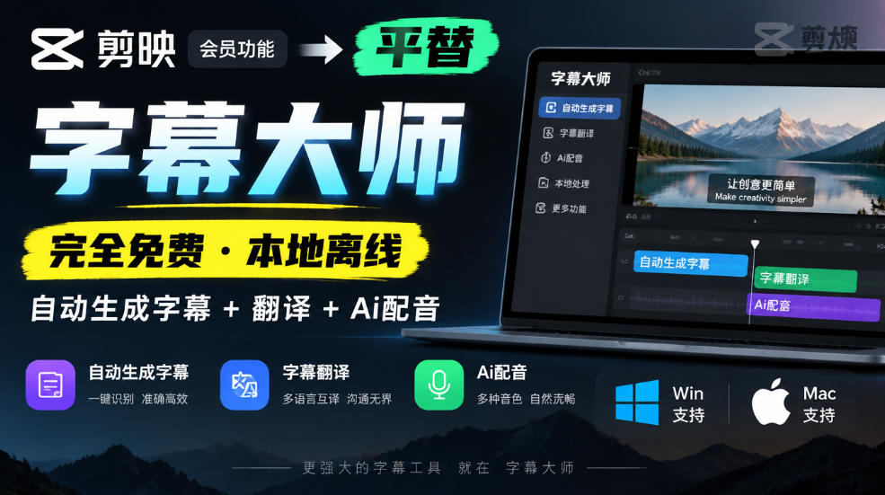 剪映会员功能平替，字幕大师完全免费本地离线，支持自动生成字幕+翻译+Ai配音，Win和Mac都支持！-鼎铸网