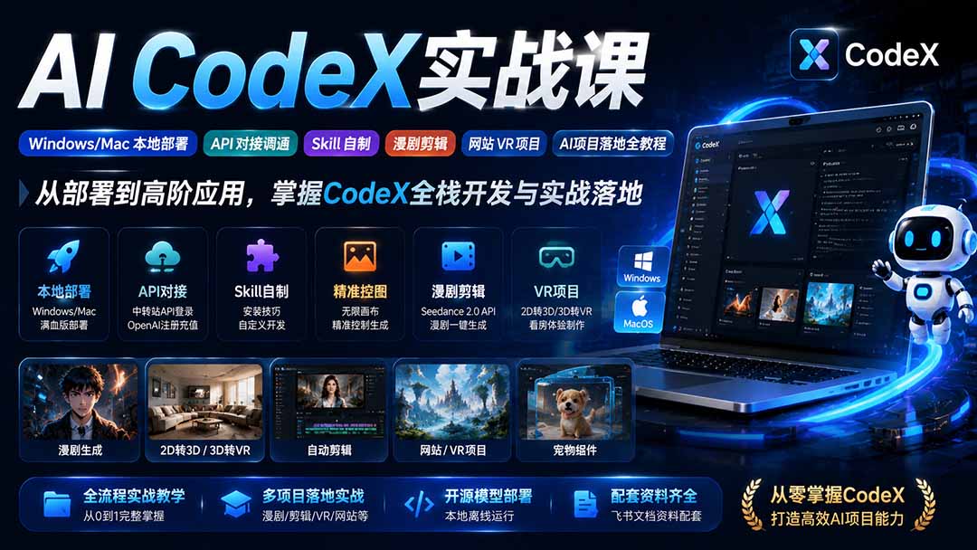 AI  CodeX实战课｜Windows/Mac 本地部署｜API 对接调通｜Skill 自制｜漫剧剪辑｜网站 VR 项目｜AI项目落地全教程-鼎铸网