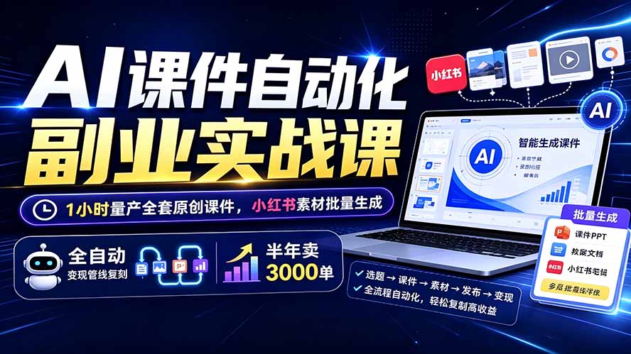 ca6d28737e0233db8ef35e632e979edc.jpeg AI课件自动化副业实战课:1小时量产全套原创课件×小红书素材批量生成×全自动变现管线×半年卖3000单