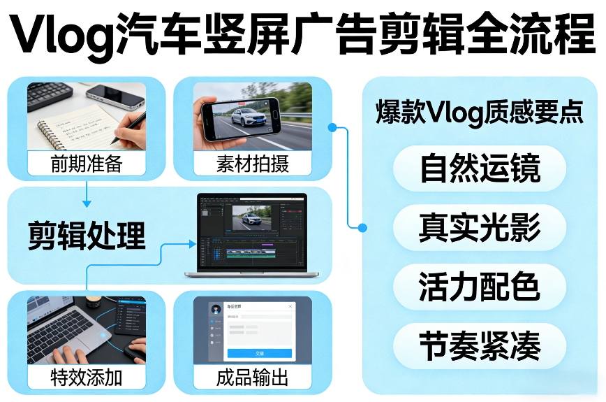 Vlog感觉汽车竖屏广告剪辑脚本全流程,拿捏爆款Vlog质感-鼎铸网