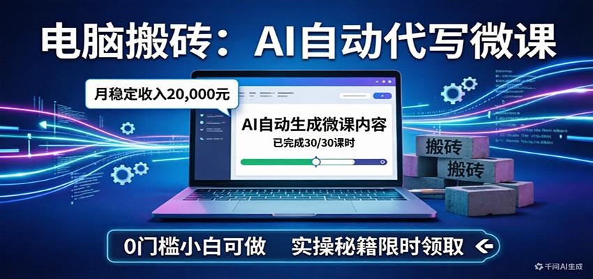 电脑搬砖AI自动代写微课，月稳定2W，0门槛小白可做，实操秘籍-鼎铸网