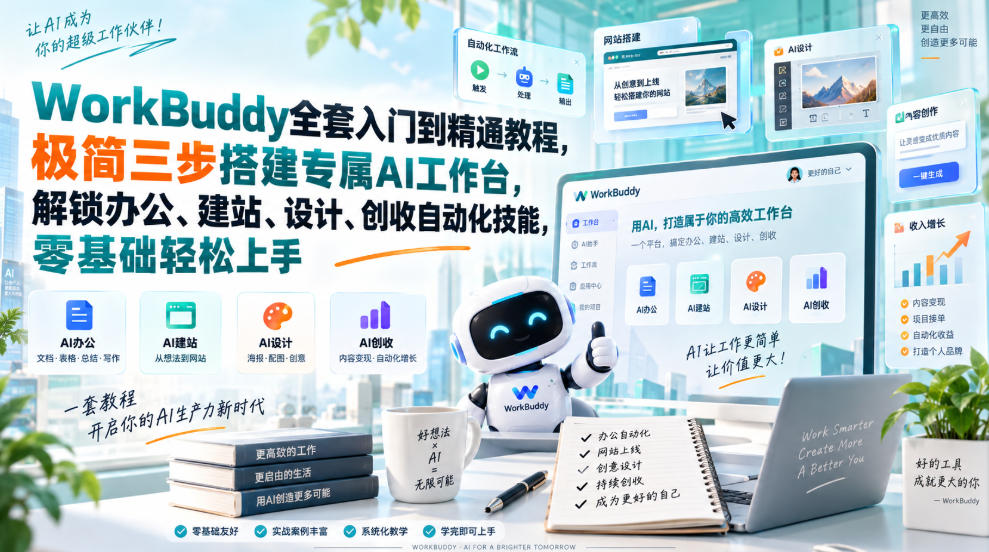 WorkBuddy全套入门到精通教程，极简三步搭建专属AI工作台，解锁办公、建站、设计、创收自动化技能，零基础轻松上手-鼎铸网