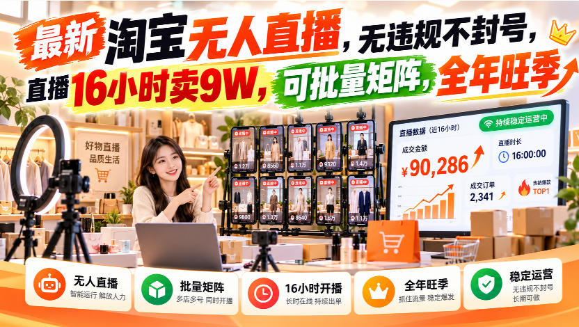 cb3841056d5618bb6d8c4f2f3dc043ef.jpeg 最新淘宝无人直播,无违规不封号,直播16小时卖9W,可批量矩阵,全年旺季【揭秘】