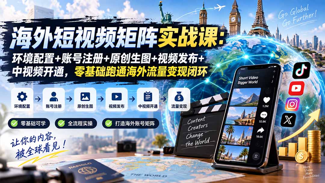 海外短视频矩阵实战课:环境配置+账号注册+原创生图+视频发布+中视频开通,零基础跑通海外流量变现闭环-鼎铸网
