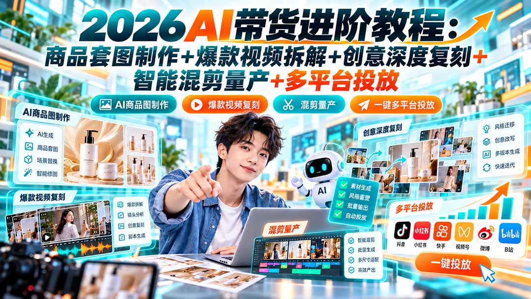 cb8901648b3cc8fa1400c17a0f539064.jpeg 2026AI带货进阶教程:商品套图制作+爆款视频拆解+创意深度复刻+智能混剪量产+多平台投放