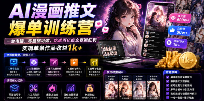 AI漫画推文爆单训练营，一台电脑，零基础可做，吃透百亿推文赛道红利，实现单条作品收益1k+-鼎铸网