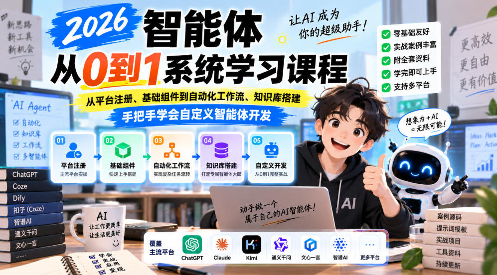 2026智能体从0到1系统学习课程，从平台注册、基础组件到自动化工作流、知识库搭建，手把手学会自定义智能体开发-鼎铸网