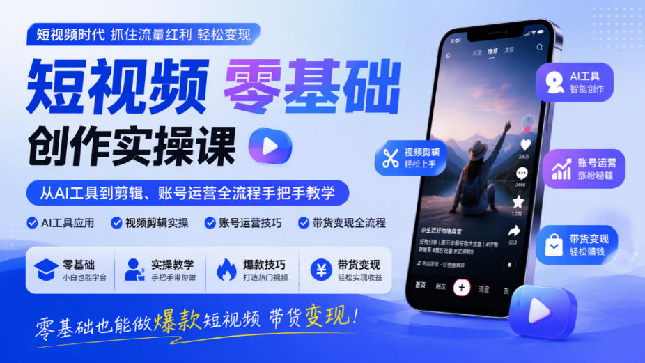 cd4f7eb63f6e8e192bc845ef92985481.jpeg 短视频零基础创作实操课,从AI工具到剪辑、账号运营全流程手把手教学,零基础也能做爆款短视频带货变现
