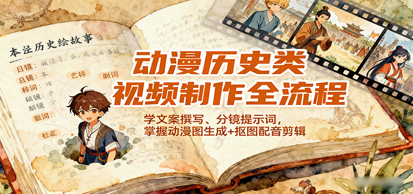 动漫历史类视频制作全流程，学文案撰写、分镜提示词，掌握动漫图生成+抠图配音剪辑-鼎铸网