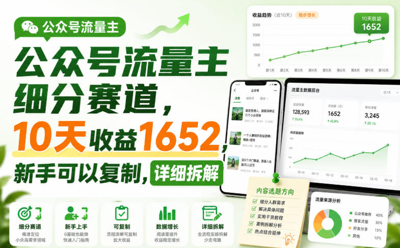 公众号流量主细分赛道,10天收益1652,新手可以复制,详细拆解-鼎铸网
