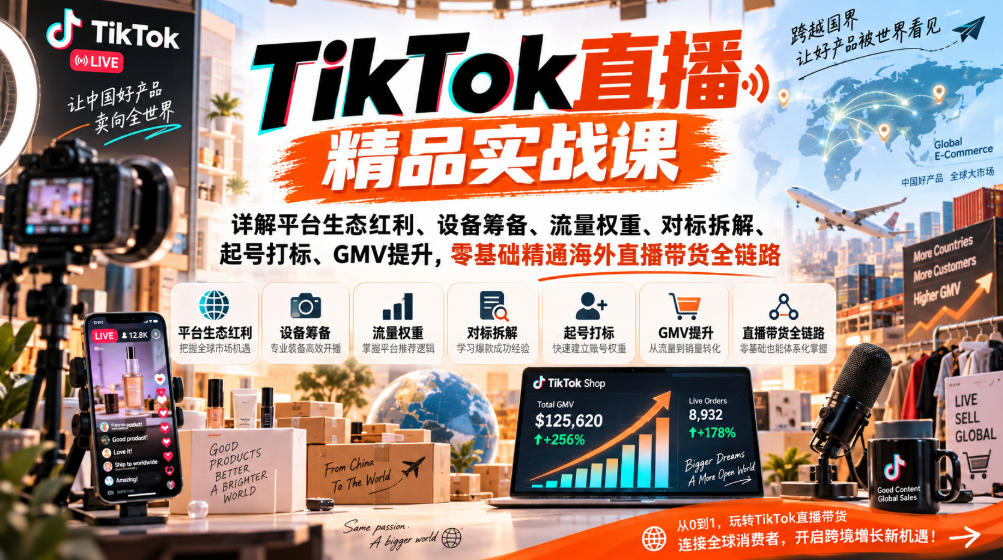 TikTok直播精品实战课，详解平台生态红利、设备筹备、流量权重、对标拆解、起号打标、GMV提升，零基础精通海外直播带货全链路-鼎铸网