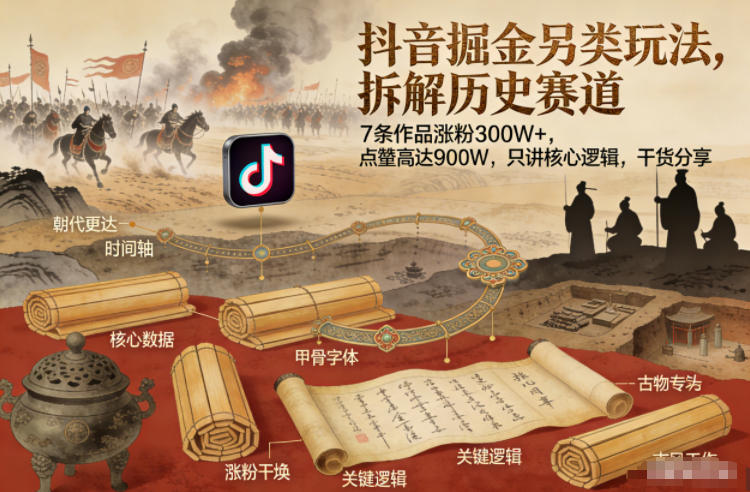 抖音掘金另类玩法，拆解历史赛道，7条作品涨粉300W+，点赞量高达900W，只讲核心逻辑，干货分享-鼎铸网