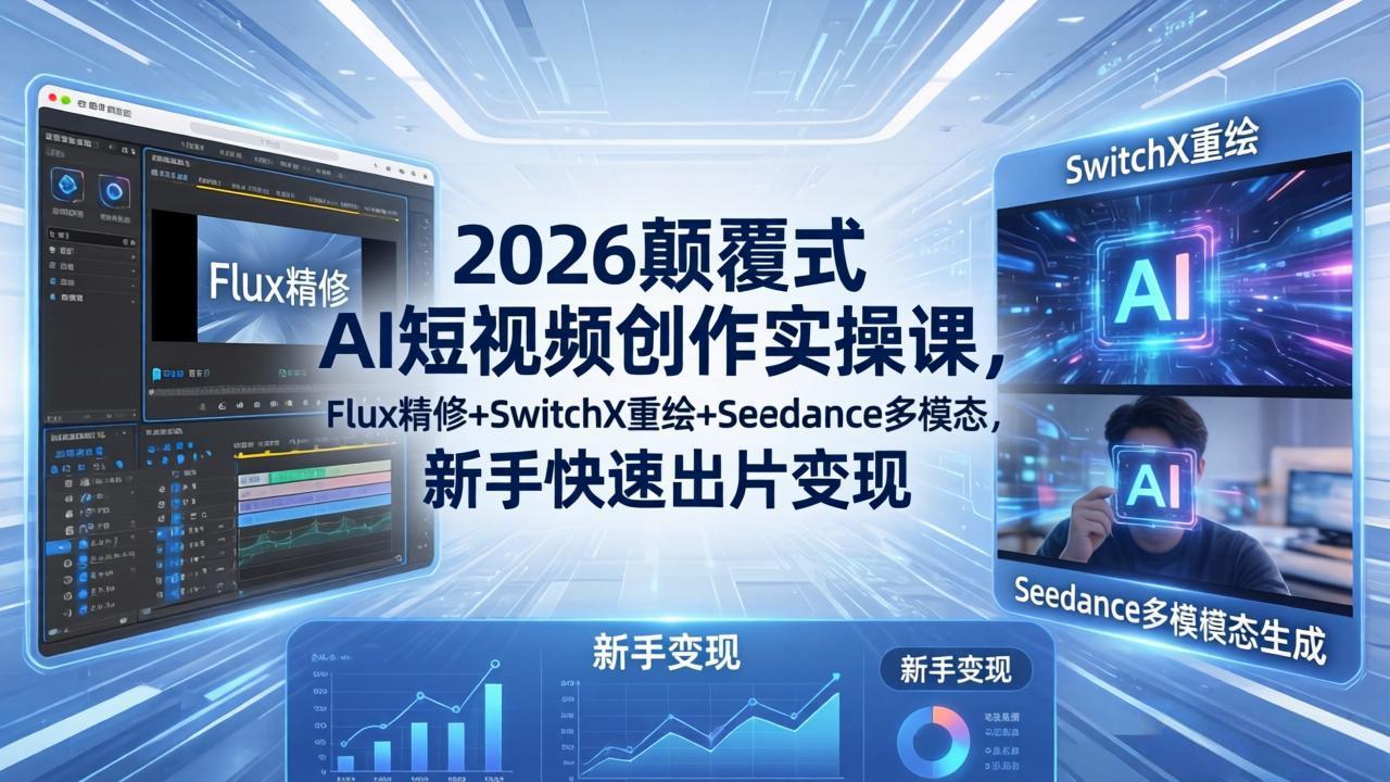 2026颠覆式 AI短视频创作课-5月更新,Flux精修+SwitchX重绘+Seedance多模态,新手快速出片变现-鼎铸网