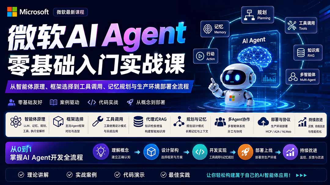 微软AI Agent零基础入门实战课：从智能体原理、框架选择到工具调用、记忆规划与生产环境部署全流程-鼎铸网