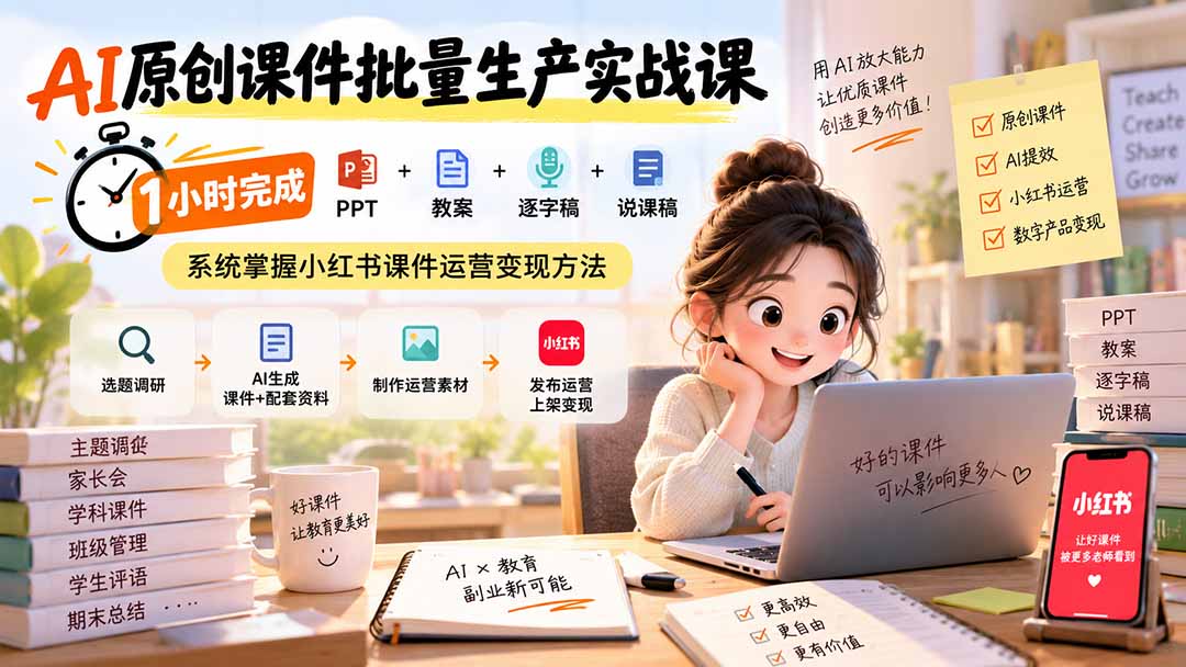 ce953f3033bfdc4f3d01f6b8bbba5712.jpeg AI原创课件批量生产实战课:1小时完成PPT+教案+逐字稿+说课稿,系统掌握小红书课件运营变现方法
