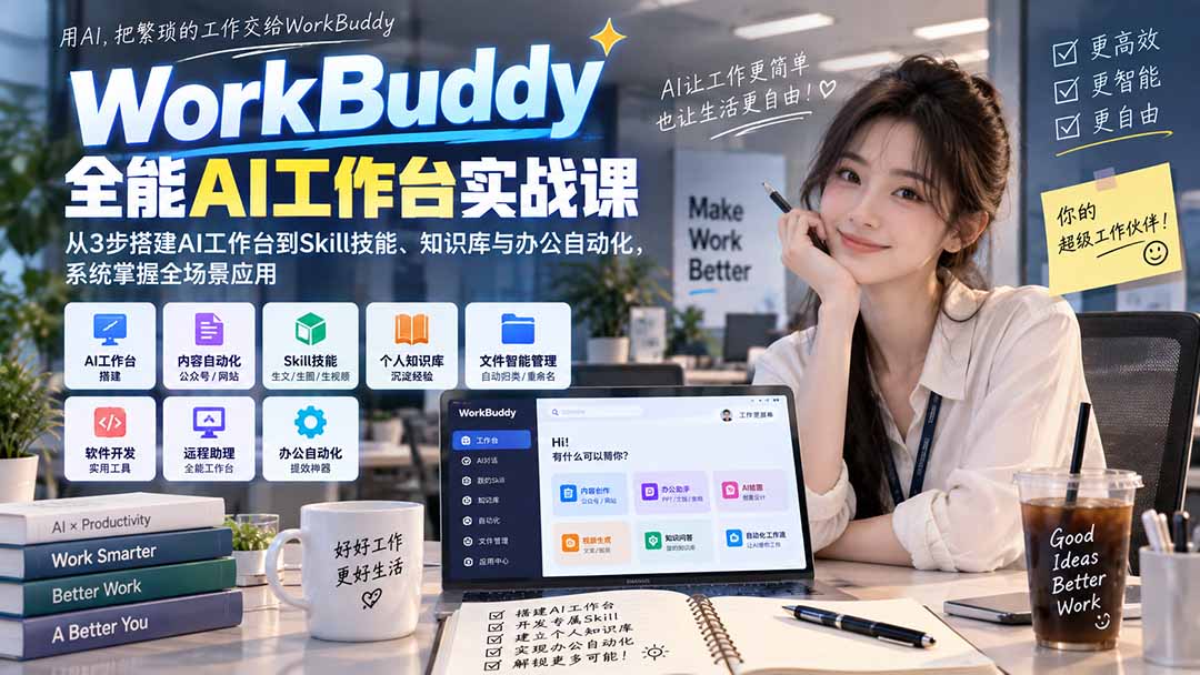 ce997b3e5645fe9f3b06520d713a6429.jpeg WorkBuddy全能AI工作台实战课:从3步搭建AI工作台到Skill技能、知识库与办公自动化,系统掌握全场景应用