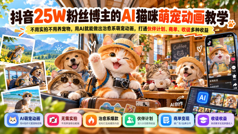 cf41903672370e12e0fd397b05962816.jpeg 抖音25W粉丝博主的AI猫咪萌宠动画教学,不用实拍不用养宠物,用AI就能做出治愈系萌宠动画,打通伙伴计划、商单、收徒多种收益